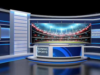 Modern Sports Broadcast Studio With Large Screen And Blue Design 3d model