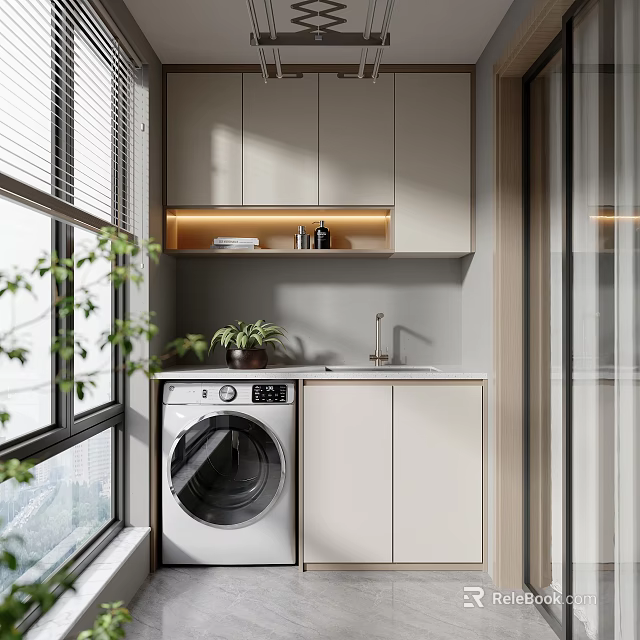 Modern Home Balcony Interior With Washing Machine Cabinets Green Plants And Windows 3d model 