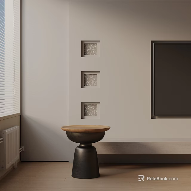 Wooden Top Side Table With Black Pedestal Base Near Window And Wall Decor 3d model 
