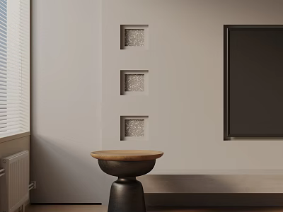 Wooden Top Side Table With Black Pedestal Base Near Window And Wall Decor 3d model