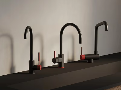 Modern Black Kitchen Faucets With Red Handles On Black Countertop And Light Wall 3d model