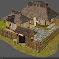 Traditional Japanese House With Thatched Roof Bamboo Fence And Wooden Veranda