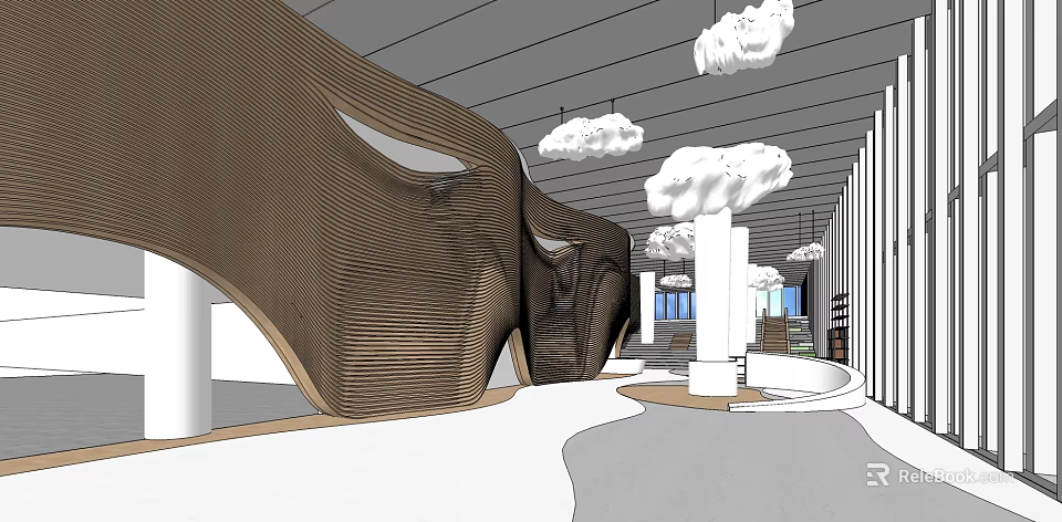 Modern Reception Desk Interior With Curved Wooden Walls And Cloud Shaped Pendant Lights 3d model 