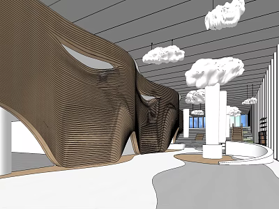 Modern Reception Desk Interior With Curved Wooden Walls And Cloud Shaped Pendant Lights 3d model