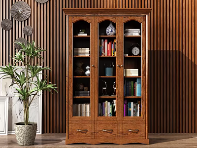 Brown Wooden Bookcase With Glass Doors Shelves Books Decorative Items Drawers And Green Plant 3d model
