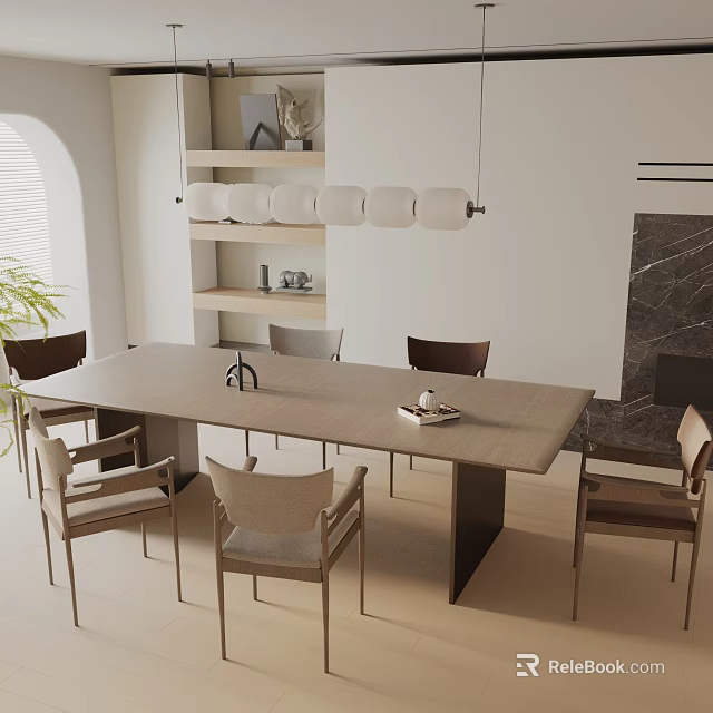 Modern Minimalist Dining Table Set With Beige Chairs Pendant Lights And Marble Wall 3d model 