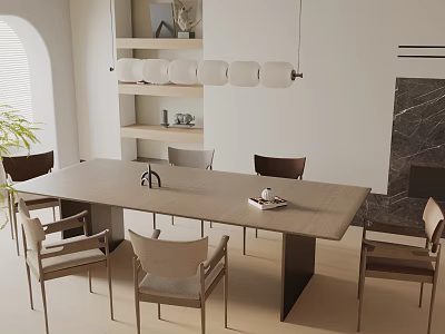 Modern Minimalist Dining Table Set With Beige Chairs Pendant Lights And Marble Wall 3d model