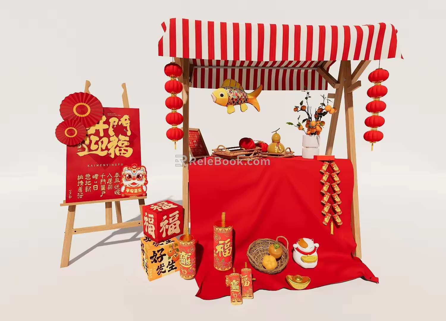 New Year Booth Spring Festival Booth Lantern Ornaments Fish Lamp Firecrackers Ornaments 3d model