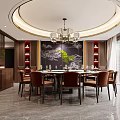 Elegant Modern Restaurant Interior With Round Dining Table Brown Leather Chairs And Circular Chandelier 3d model