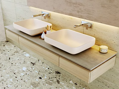 Modern Double Washbasin Design with White Basins Wooden Countertop and Light Stone Wall 3d model