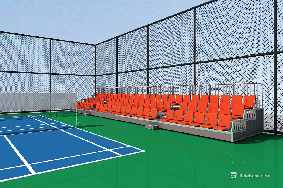 Outdoor Tennis Court With Blue Surface Green Floor Orange Seats And Fence 3d model 