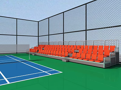 Outdoor Tennis Court With Blue Surface Green Floor Orange Seats And Fence 3d model