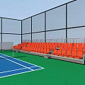 Outdoor Tennis Court With Blue Surface Green Floor Orange Seats And Fence