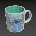 White Mug With Blue Stitch Yellow Small Figure Green Inner And Floral Patterns
