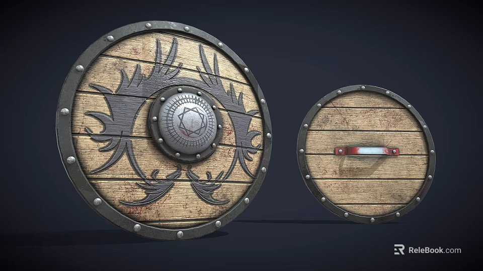 Medieval Wooden Shield with Carved Patterns Metal Rivets and Simple Design Variant 3d model 