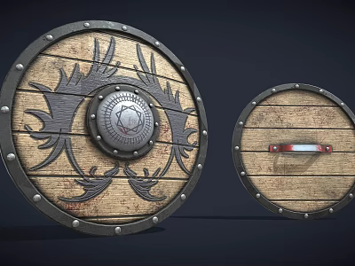 Medieval Wooden Shield with Carved Patterns Metal Rivets and Simple Design Variant 3d model