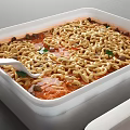 Hot And Spicy Instant Noodles In Open Container With Soup Vegetables And Spoon