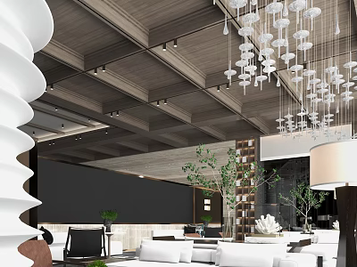Modern Sales Office Interior Design With White Sofas Hanging Lights And Green Plants 3d model