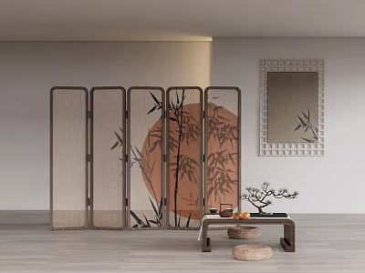Bamboo Screen Foldable Screen Silent Style Ancient Style Screen Tea Table and Chair Tea Table Green Plant Potted Plant 3d model