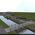 Landscape Bridge With Wooden Railing Over Small River Connecting Green Lawn And Paved Area