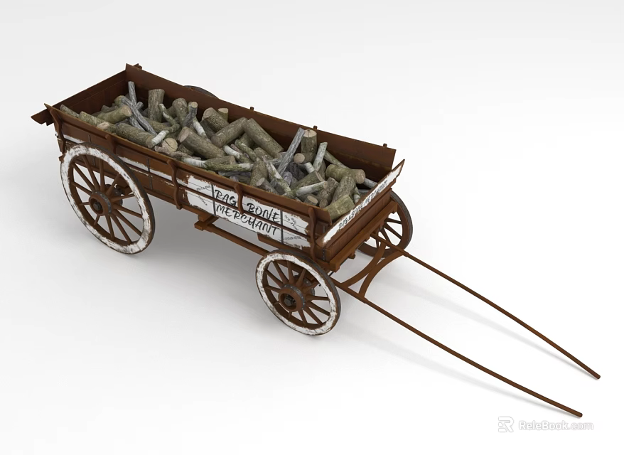 Wooden Wagon Loaded With Logs And Big Wheels 3d model 