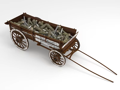 Wooden Wagon Loaded With Logs And Big Wheels 3d model