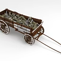 Wooden Wagon Loaded With Logs And Big Wheels 3d model