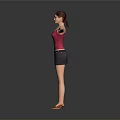 Woman in Red Tank Top and Black Skirt with Arms Outstretched Against Gray Background