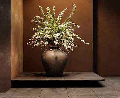 Terracotta Vase With White Flowers And Green Foliage On Dark Stone Platform Against Brown Walls 3d model