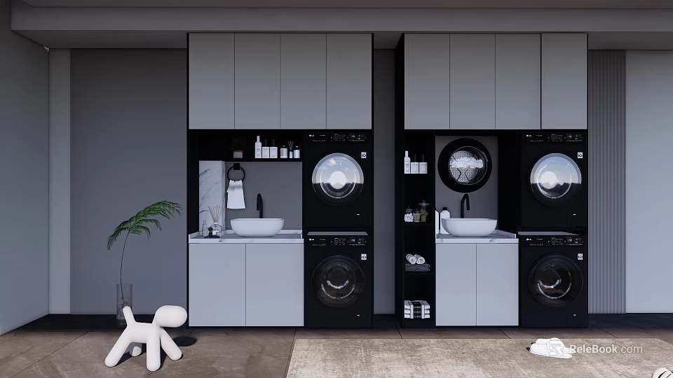 Modern Laundry Room With Stackable Washing Machines Dryers Gray Cabinets And Storage 3d model 