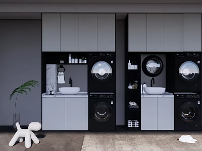 Modern Laundry Room With Stackable Washing Machines Dryers Gray Cabinets And Storage 3d model