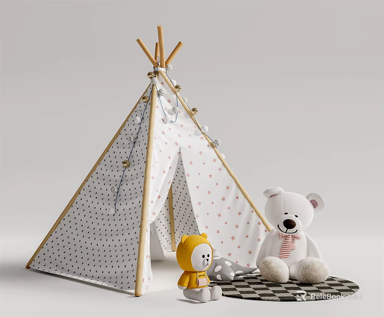 Kids Teepee Tent With Polka Dot Design Wooden Frame And Plush Toys On Soft Carpet 3d model 