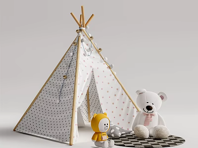Kids Teepee Tent With Polka Dot Design Wooden Frame And Plush Toys On Soft Carpet 3d model