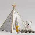 Kids Teepee Tent With Polka Dot Design Wooden Frame And Plush Toys On Soft Carpet