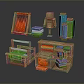 Colorful Wooden Household Supplies With Weaving Tools Storage Shelves And Fabric Rolls