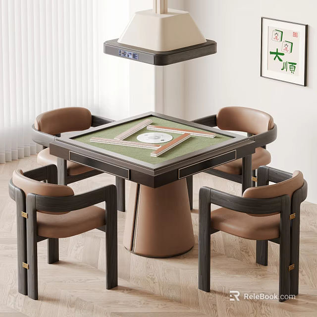 Modern Mahjong Table Set With Brown Chairs Green Surface And Interior Wall Art 3d model