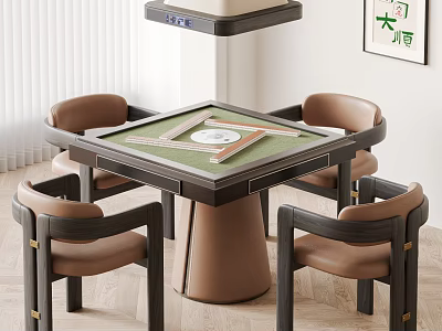 Modern Mahjong Table Set With Brown Chairs Green Surface And Interior Wall Art 3d model