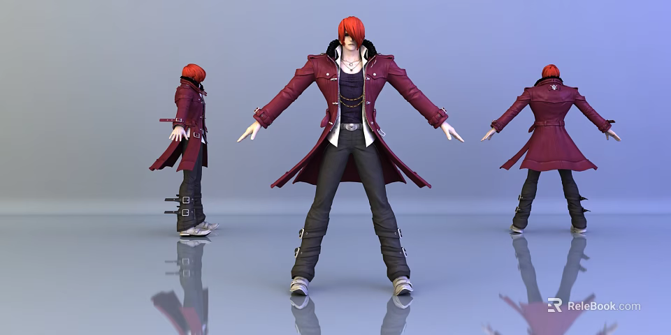 Red Haired Game Movie Character In Crimson Long Coat Black Shirt And Pants Multiple Angles 3d model 