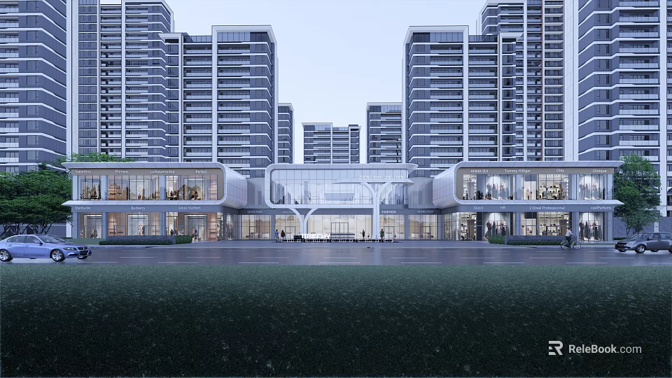 Modern Urban Commercial Street With High Rise Buildings Glass Storefronts Shops And Pedestrians 3d model 