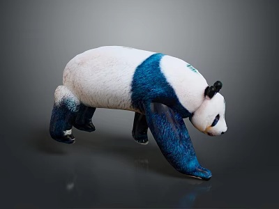 Blue and White Panda 3D Game Movie Character in Walking Pose with Gray Background Reflective Surface 3d model