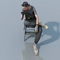 Man Sitting On Chair Wearing Cap Gray T-Shirt Tool Belt Gloves In Light Blue Background
