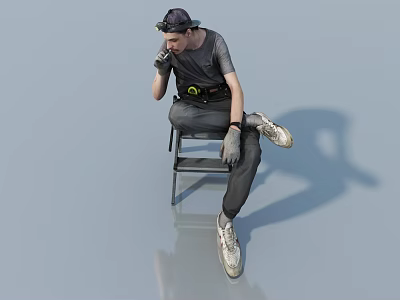 Man Sitting On Chair Wearing Cap Gray T-Shirt Tool Belt Gloves In Light Blue Background 3d model