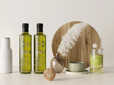 Stylish Decorative Ornament Set With Olive Oil Bottles Wooden Tray Feather And Lemon Slice 3d model