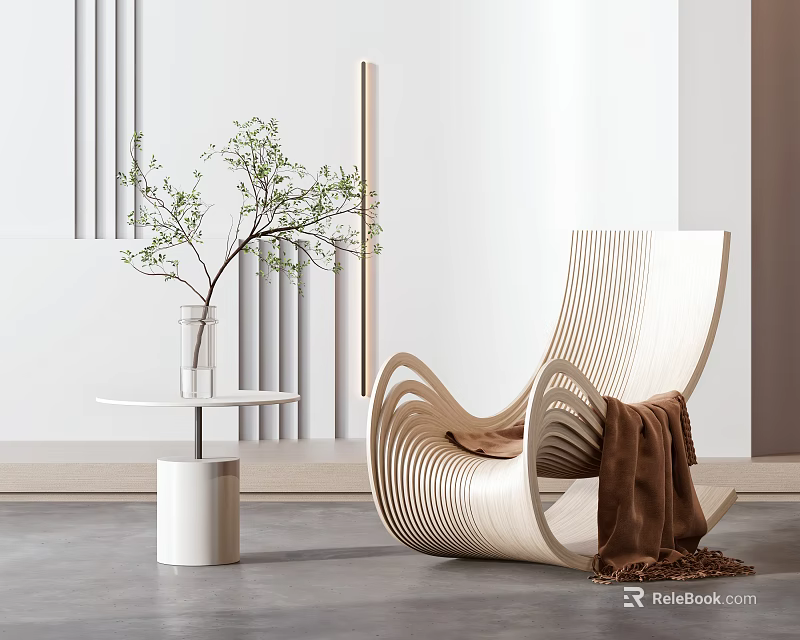Modern Wooden Leisure Chair With Curved Lines And Blanket Near Side Table 3d model 