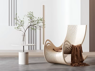 Modern Wooden Leisure Chair With Curved Lines And Blanket Near Side Table 3d model