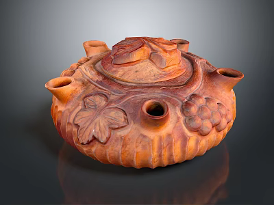 Terracotta Pumpkin Container With Grape Leaf Carvings Multiple Spouts And Decorative Lid For Home Decor 3d model