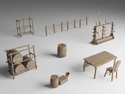 Rustic Wooden Furniture And Decorative Items Including Shelves Fence Table Chair And Barrels 3d model