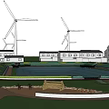 Scenic Park Landscape With Wind Turbines Trees Green Grass Benches And People