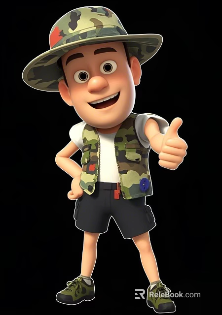 Cartoon Man In Camouflage Vest White T-Shirt Black Shorts Hat Smiling And Giving Thumbs Up 3d model 