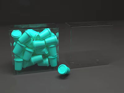 Decorative Ornament Set With Turquoise Small Cylindrical Containers In Transparent Open Box 3d model